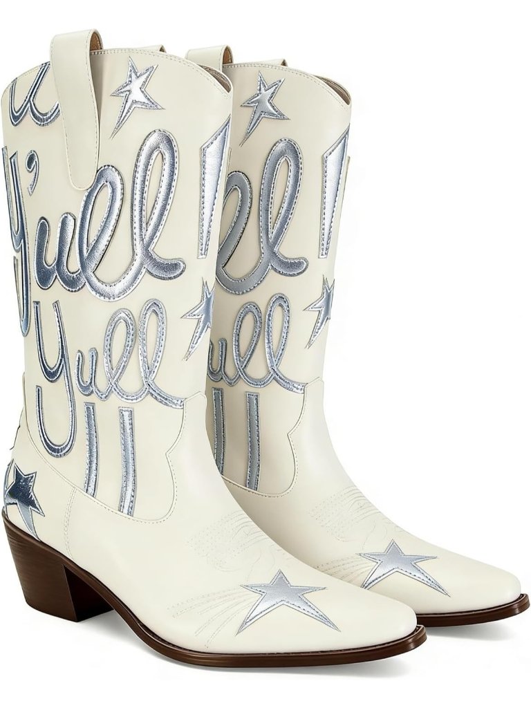 Women’s White Mid Calf Western Pull On Cowgirl Boots With Star Embroidery